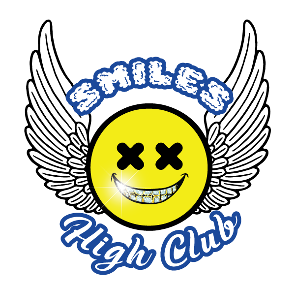 Yellow smiling face with X's for eyes and angel wings, with SMILES HIGH CLUB text