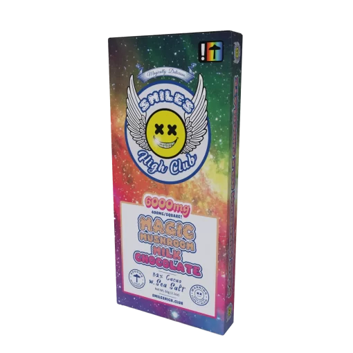 Smiles High Club Magic Mushroom Milk Chocolate Bar packaging featuring a colorful galaxy background and smiling winged logo.