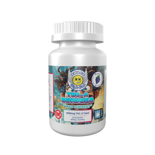 Smile's High Club THC-A Gummies 'Mad Scientist' 6000mg bottle with vibrant label featuring playful graphics and the flavor 'Happy Grape.'