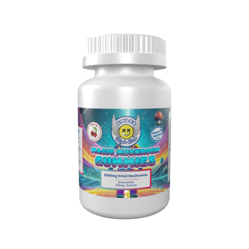 Smiles High Club Magic Mushroom Gummies - 5000mg dried mushrooms in a vibrant and colorful bottle with Cherry Chill and Sharing Mushroom Vibes labels.