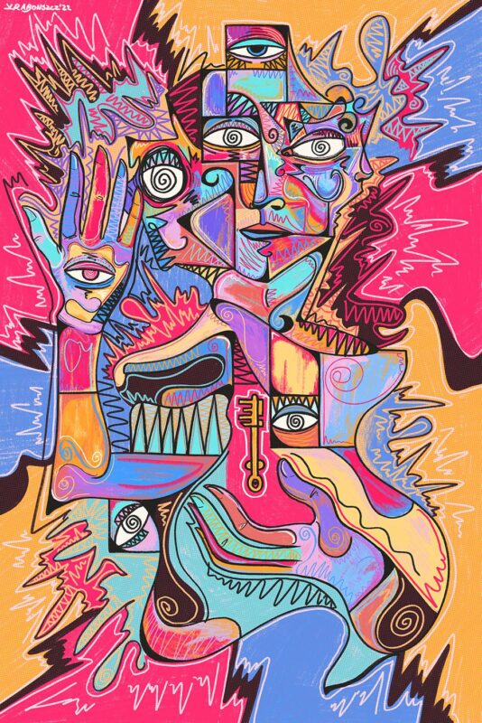 Abstract psychedelic artwork featuring vibrant geometric shapes, eyes, faces, and surreal patterns in bold pink, blue, and orange tones.