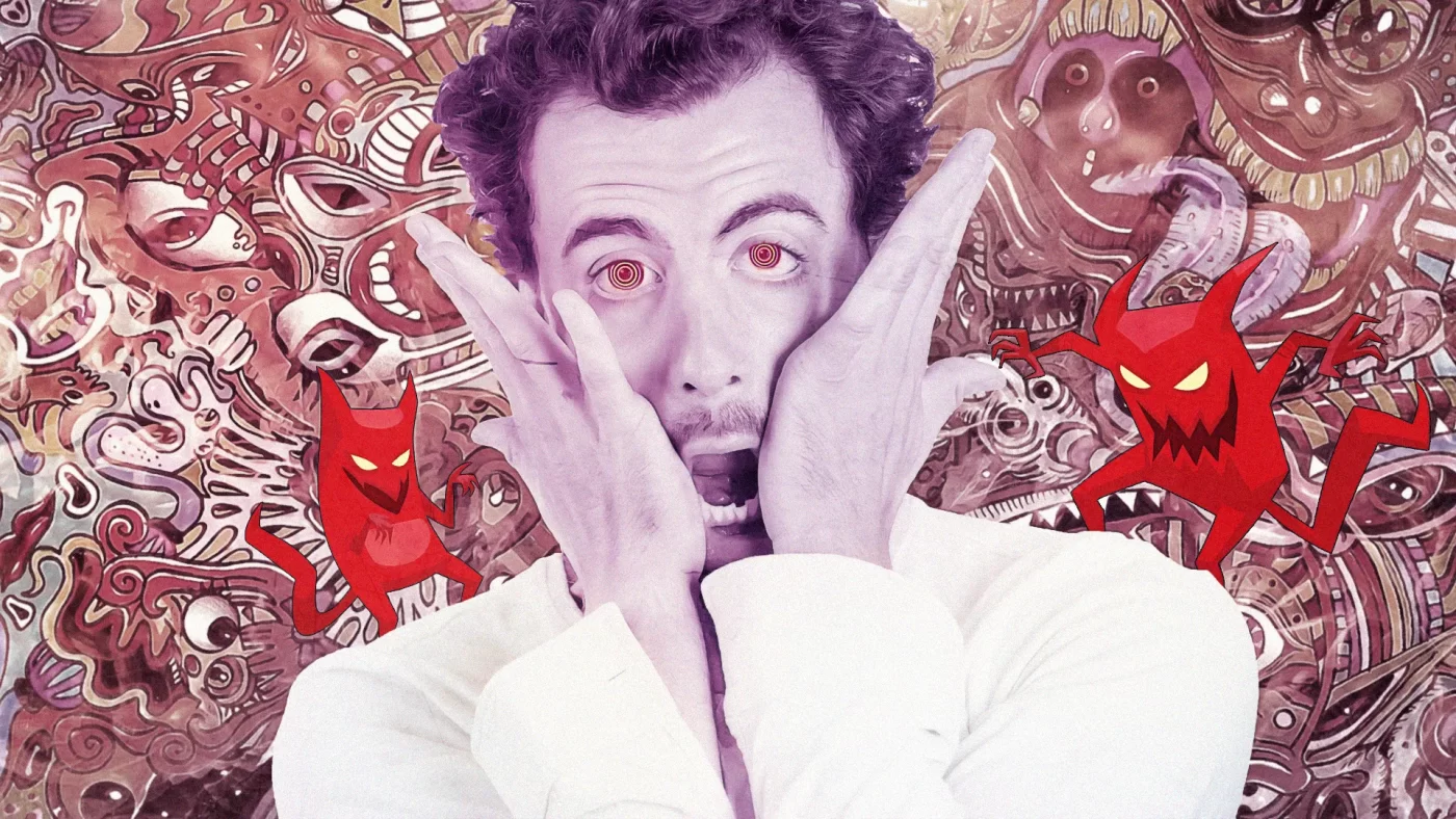 Shocked person with red spiral eyes and devil figures on a psychedelic background, symbolizing the intense effects of magic mushrooms