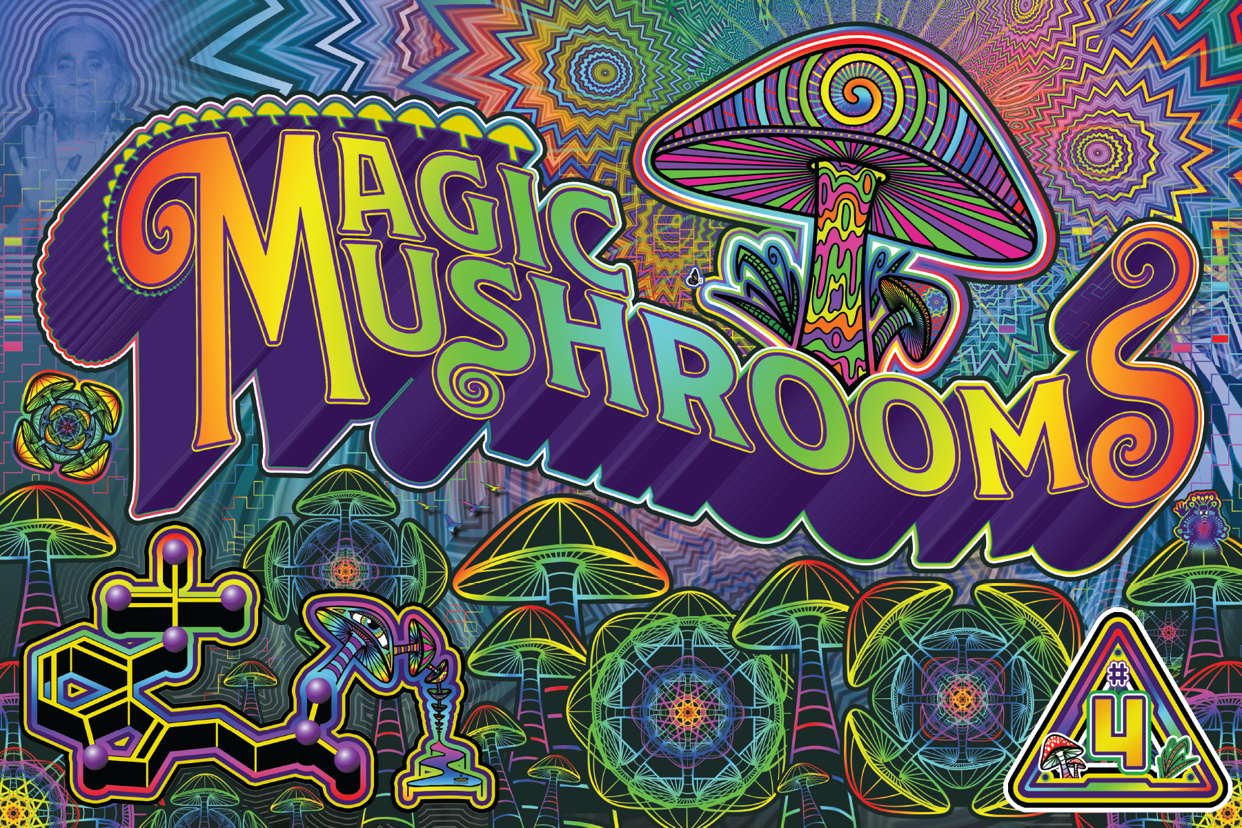 Colorful psychedelic illustration of magic mushrooms with the words 'MAGIC MUSHROOMS' in bold purple and green, featuring a vibrant background with swirling patterns and fungal imagery