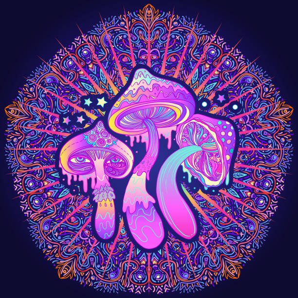 Psychedelic mandala illustration featuring vibrant magic mushrooms with dripping effects in purple, pink, and orange, set against an intricate dark background