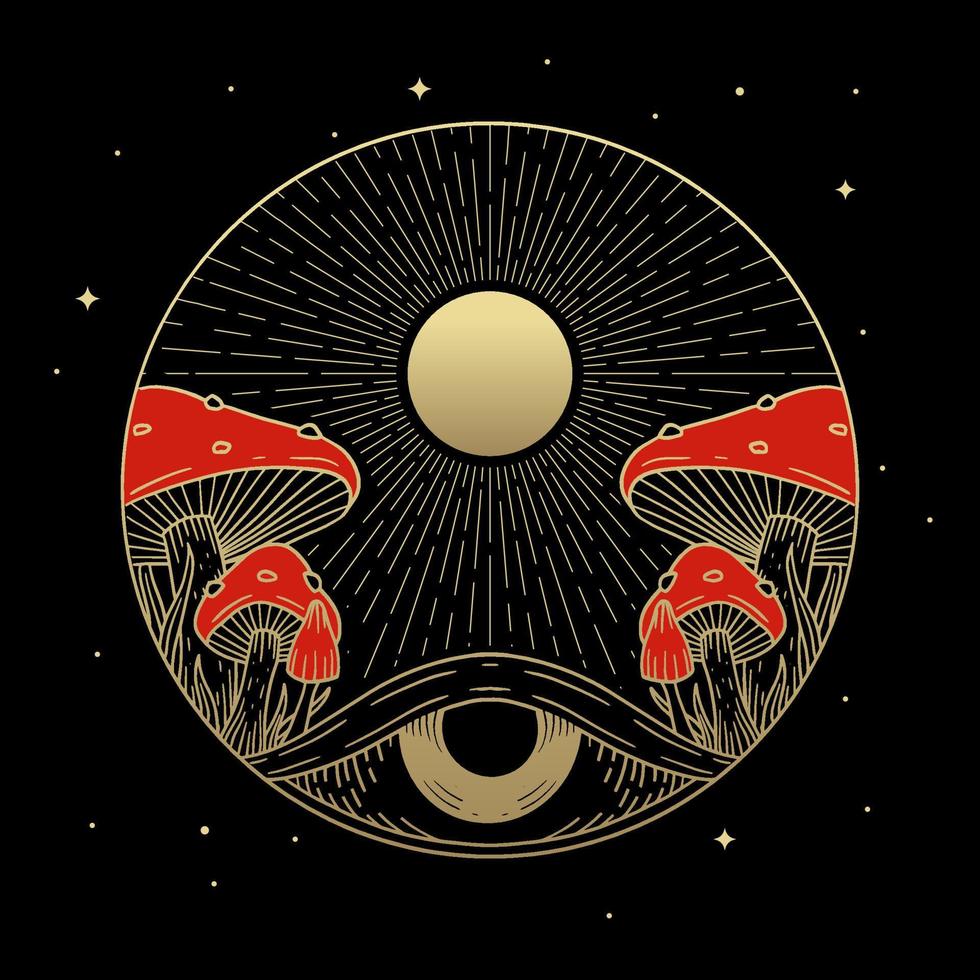 Golden sun and moon with red magic mushrooms in a cosmic circular design.