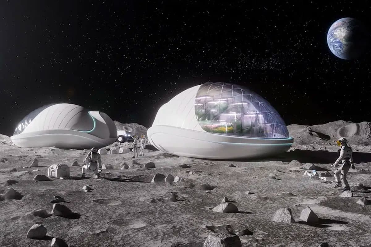 Astronauts on the moon with futuristic lunar base domes and Earth in the background.