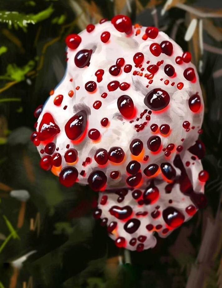 Hydnellum peckii bleeding tooth fungus with red blood-like droplets on a white surface in a forest.