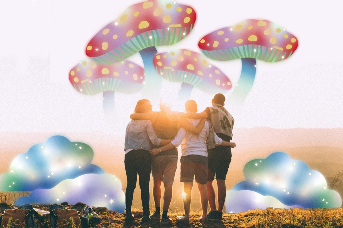 Group of friends with giant mushrooms and clouds at sunset for magic mushroom etiquette blog