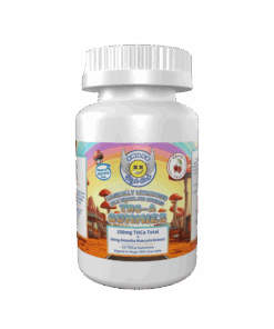 Smiles High Club The-A Gummies bottle, 250mg THCa and 50mg Amanita Muscaria extract, milk chocolate-covered cherry chili gummies, colorful mushroom design.