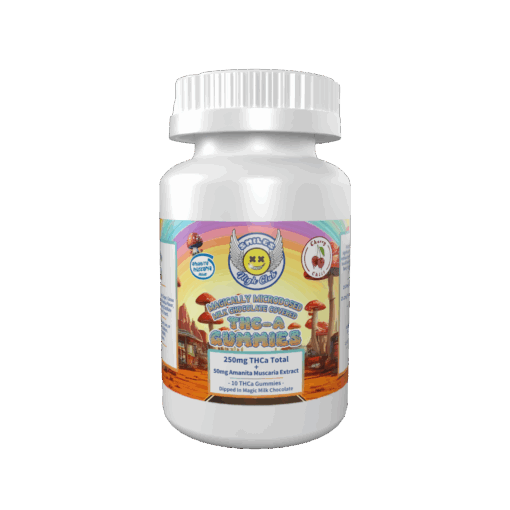 Smiles High Club The-A Gummies bottle, 250mg THCa and 50mg Amanita Muscaria extract, milk chocolate-covered cherry chili gummies, colorful mushroom design.