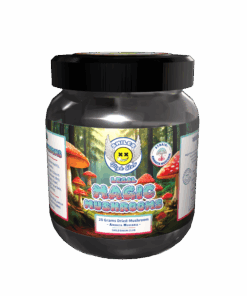 Jar of Smiles High Club Legal Magic Mushrooms, 28 grams of dried Amanita Muscaria, with a colorful forest background and a smiling face logo.