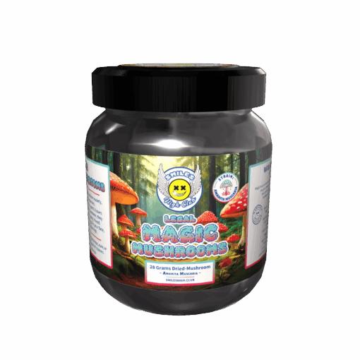 Jar of Smiles High Club Legal Magic Mushrooms, 28 grams of dried Amanita Muscaria, with a colorful forest background and a smiling face logo.