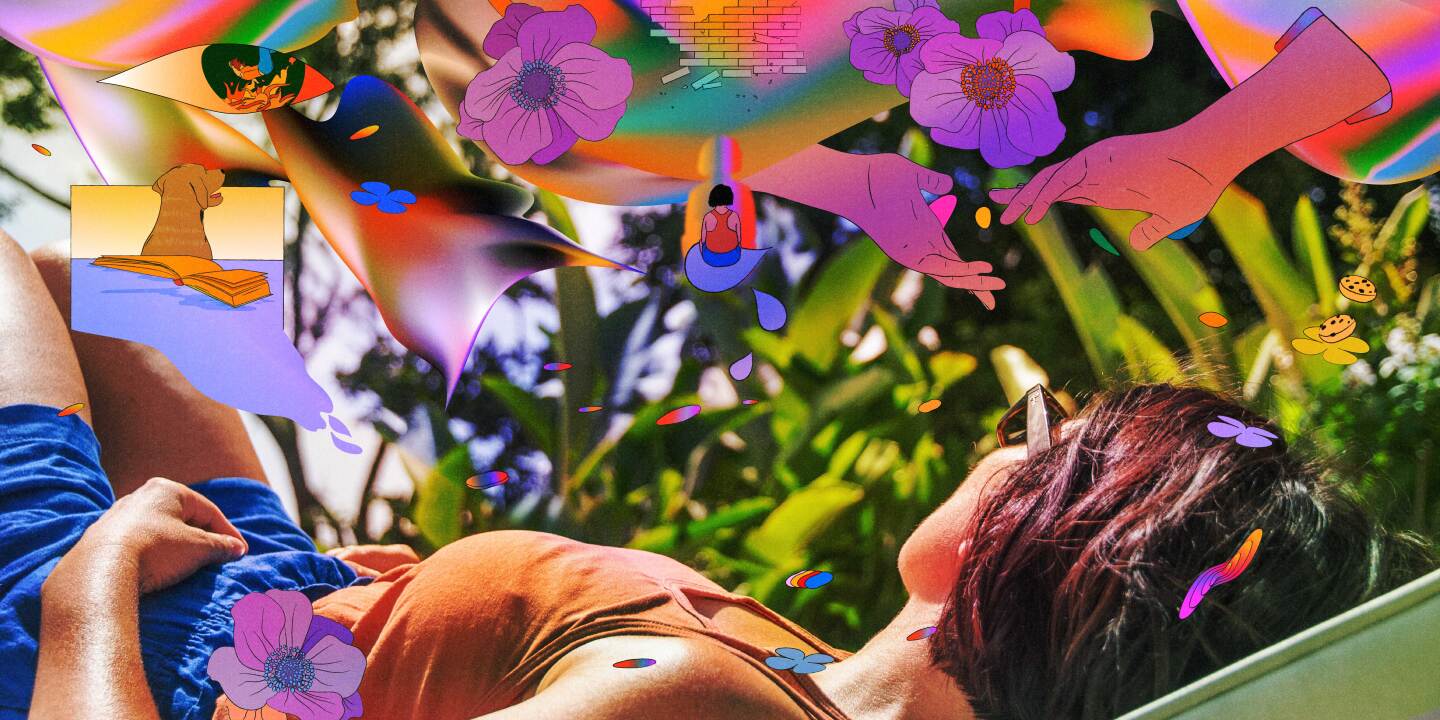 Person relaxing in nature with colorful surreal elements like flowers and a dog for magic mushroom etiquette blog