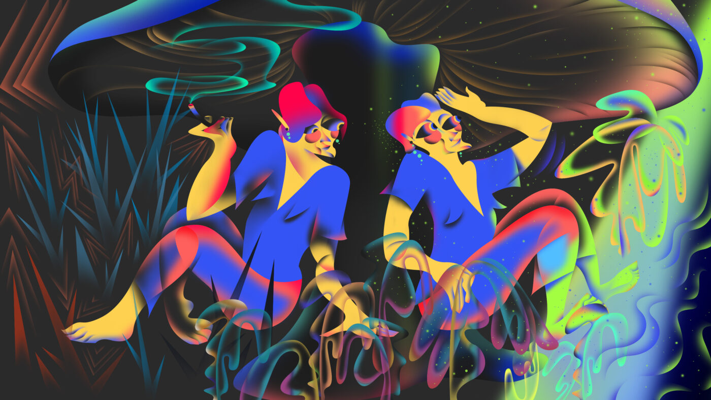 Colorful psychedelic illustration of two people sitting under a giant mushroom with swirling neon smoke, representing the effects of smoking magic mushrooms.