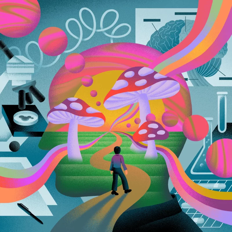 Person walking through a surreal psychedelic landscape with giant mushrooms, rainbow trails, and scientific elements like test tubes and brain diagrams.
