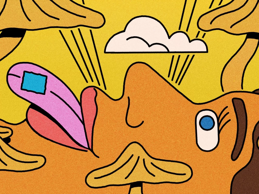 Cartoon-style illustration of a person with a psychedelic tab on their tongue, surrounded by mushrooms, with rays of light and a cloud above.
