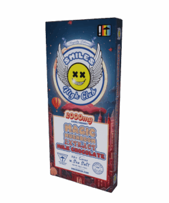 Smiles High Club Magic Mushroom Extract Milk Chocolate Bar packaging featuring a colorful red city background and smiling winged logo.