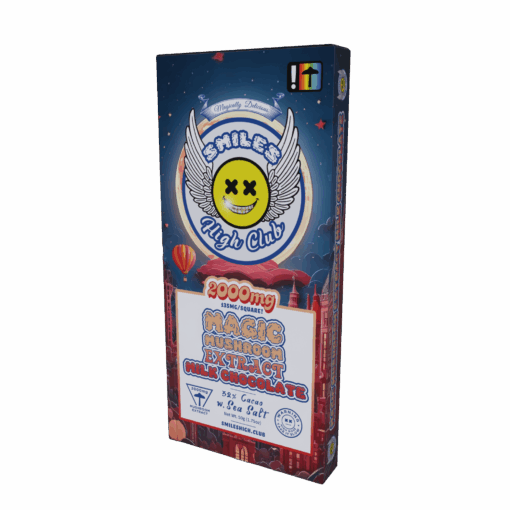 Smiles High Club Magic Mushroom Extract Milk Chocolate Bar packaging featuring a colorful red city background and smiling winged logo.
