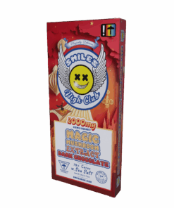 Smiles High Club Magic Mushroom Extract Dark Chocolate Bar packaging featuring a colorful red city background and smiling winged logo.