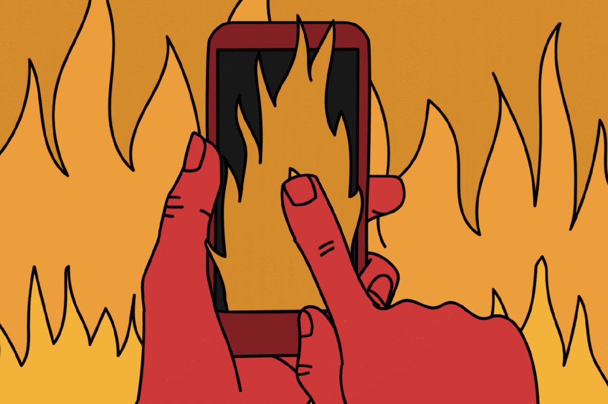 Animated illustration of a red hand holding a smartphone with flames inside and in the background, representing doomscrolling and digital burnout.