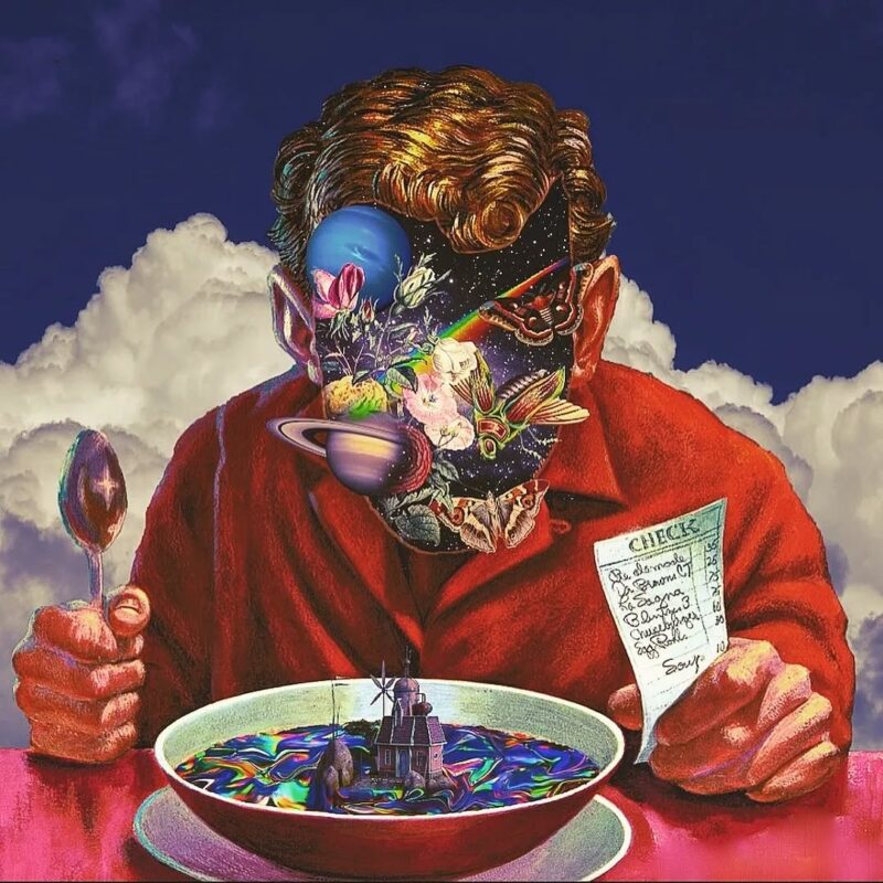 Surreal psychedelic illustration of a man eating colorful soup with a cosmic explosion of thoughts and galaxies from his head