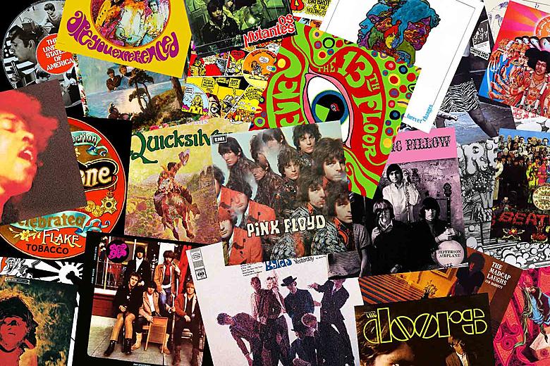 Collage of iconic psychedelic rock album covers including Pink Floyd, The Doors, Jefferson Airplane, and Jimi Hendrix.