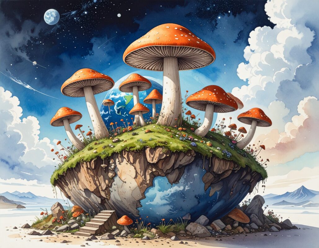 Fantasy illustration of giant mushrooms growing from Earth, symbolizing fungi’s role in sustainability and the future of our planet.