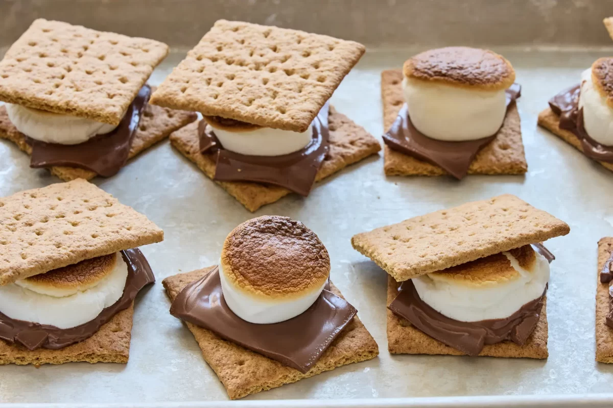 Close-up of toasted s’mores made with chocolate, marshmallows, and graham crackers, perfect for a magic mushroom edible recipe.