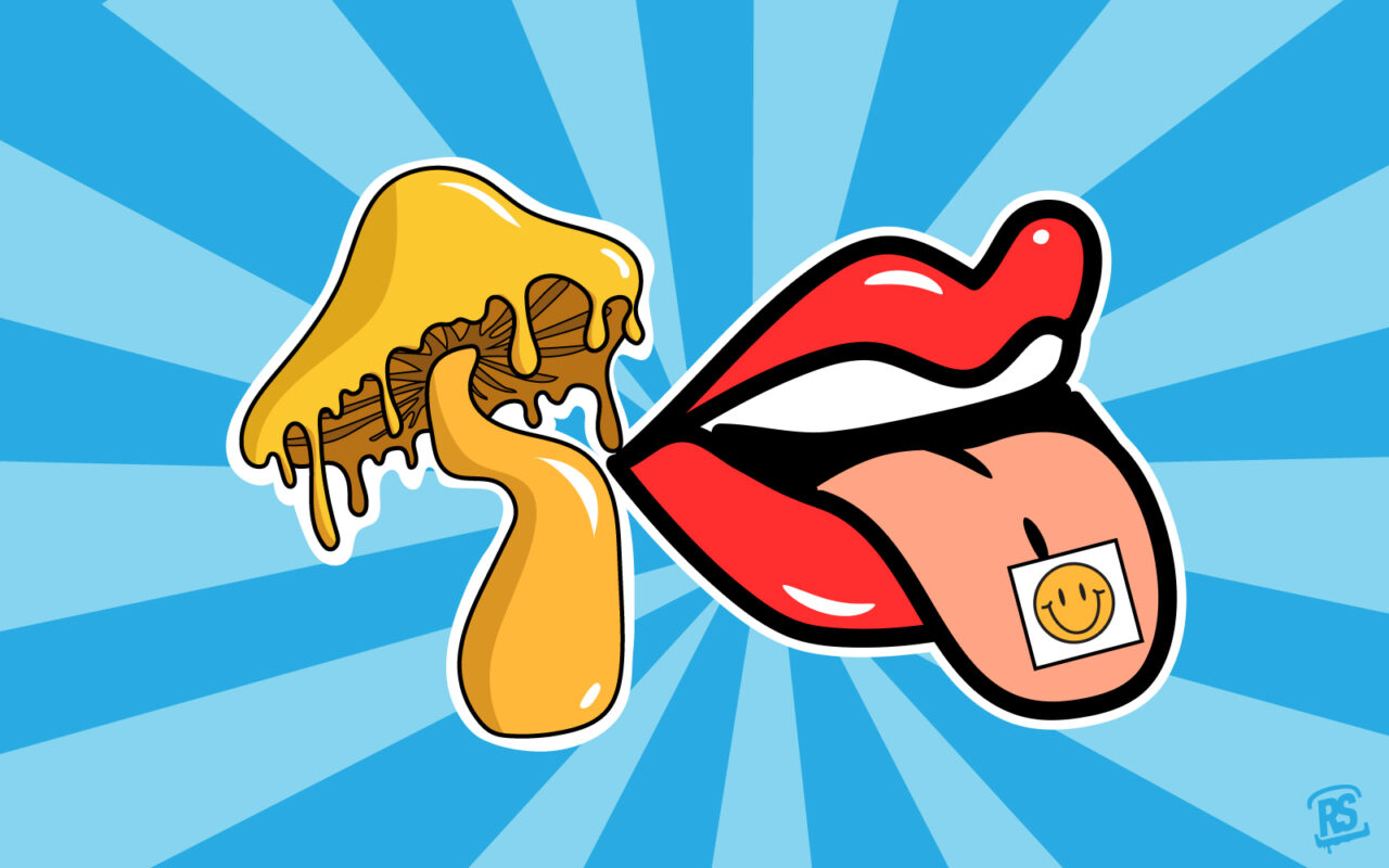 Magic mushrooms and LSD comparison illustration showing psilocybin mushrooms beside a tab of acid under vibrant psychedelic colors.