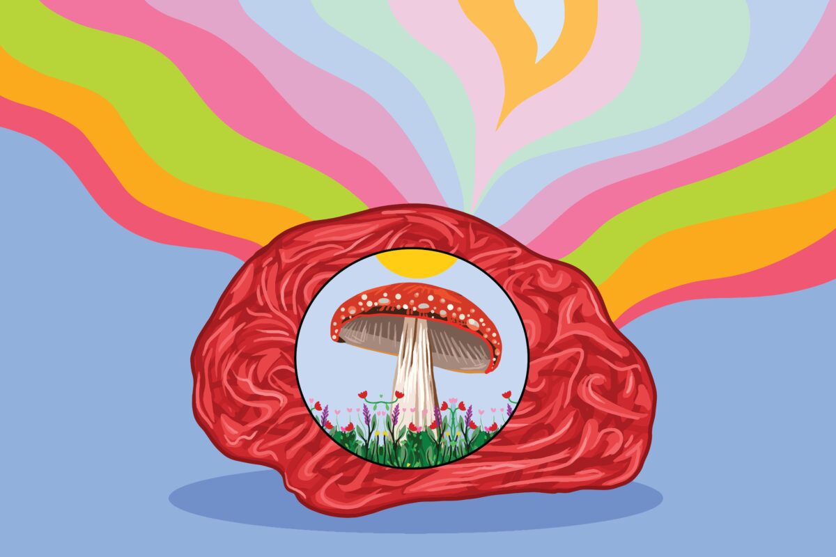 Psychedelic brain illustration with colorful mushroom-inspired patterns, symbolizing how magic mushrooms shaped counterculture and creativity.