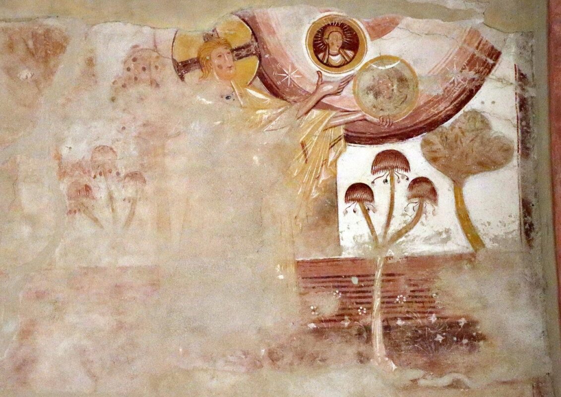 Ancient church fresco depicting spiritual transcendence and the dissolution of ego, echoing themes of mushroom-induced self-reflection and interconnectedness.