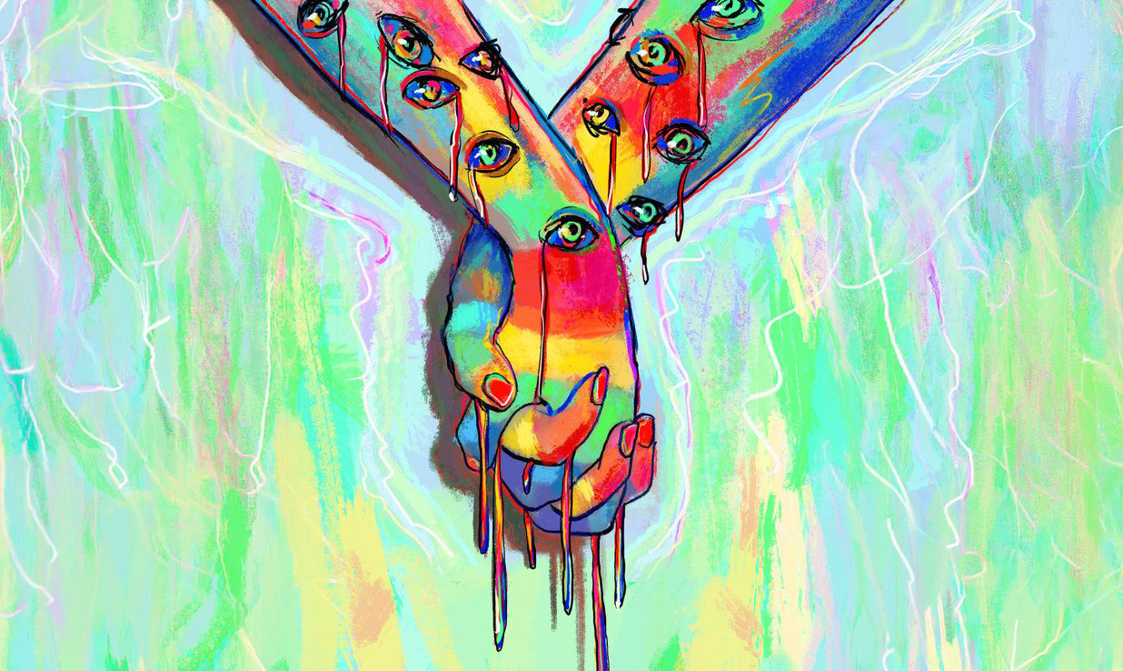 Person examining their hands during a psilocybin mushroom experience, illustrating altered perception and heightened sensory awareness