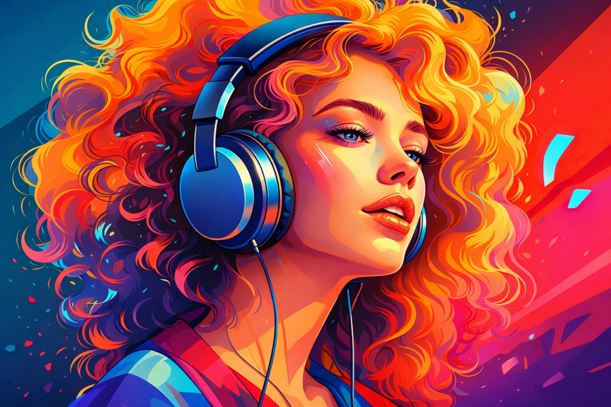 Colorful illustrated portrait of a woman wearing headphones lost in music, representing the psychedelic trip playlist experience and psilocybin therapy soundscapes