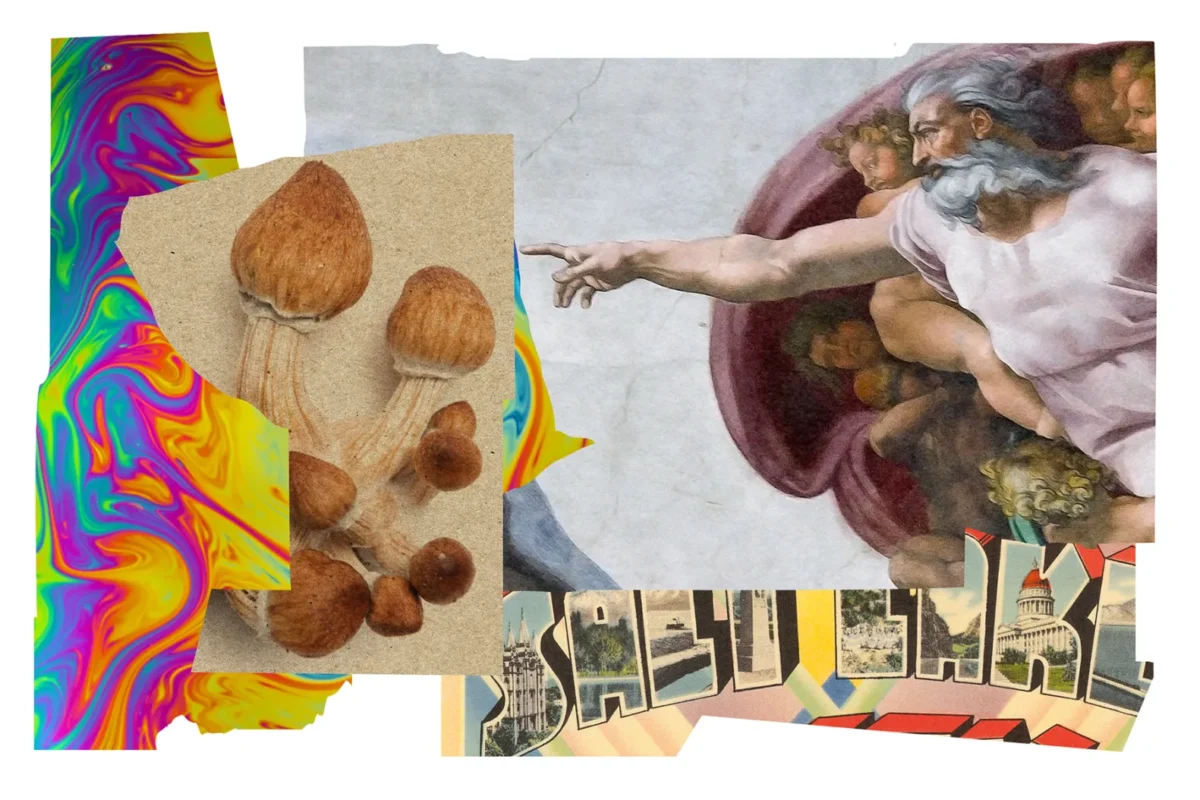 Psychedelic collage featuring magic mushrooms, Michelangelo's Creation of Adam, and a Salt Lake City postcard, illustrating the cultural and spiritual history of psilocybin mushrooms in mainstream consciousness