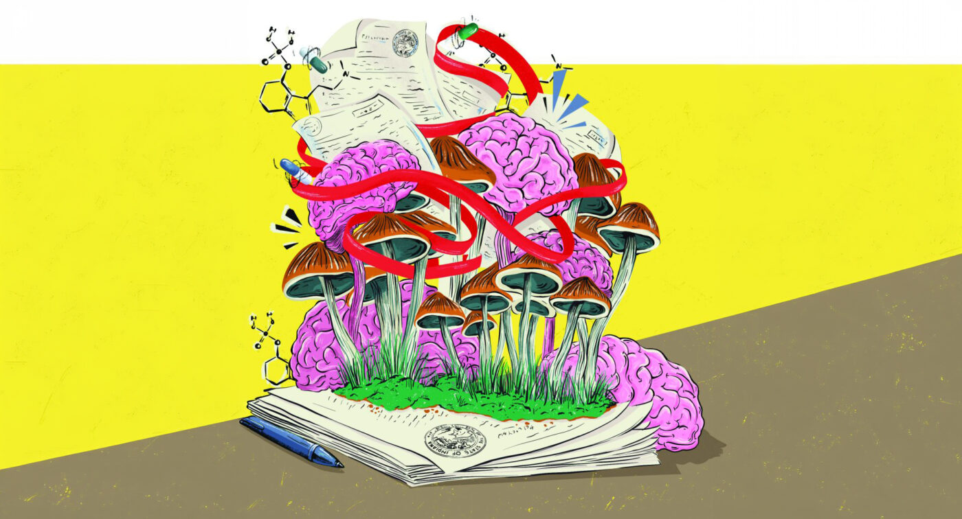 Illustrated artwork showing psilocybin mushrooms growing from a stack of research documents surrounded by pink brains and chemical structures, representing the science of how magic mushrooms change personality, empathy and openness